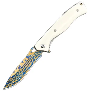 Luxury Heat Colored Damascus Pocket Knife Natural Polished Cow Bone Handle Outdoor Portable Folding Knife Artisan EDC Tool