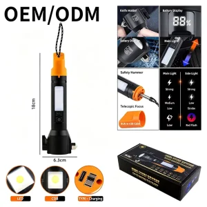 Multifunctional Escape Flashlight Safety Hammer With Cutter Zoomable LED COB Light Type-C Rechargeable Portable Emergency Torch