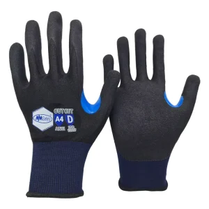 NMSAFETY A4 Cut Resistant Black Crystal Wire 18 Gauge Knitted Sandy Nitrile Coated NBR Glove Guantes De Seguridad
