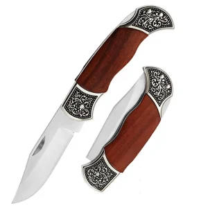 OEM Survival Self defense Pocket Knife Carved Practical Portable Lockback Folding Knife Rosewood Handle Knife Outdoor