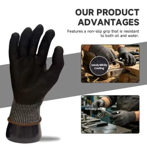 Oil Resistant Sandy Nitrile Coated Work Gloves with Level C Cut Resistance for Automotive Repair and Mechanic