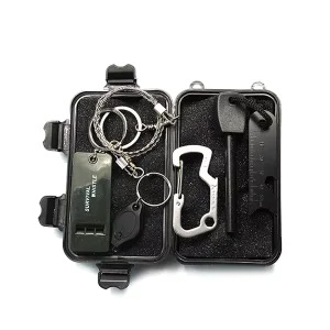 Outdoor Tool Kit Wilderness Survival Box Set Flint Fire Starter Magnesium Rod Whistle Wire Saw Waterproof Storage Case Black