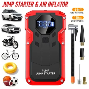 Portable 12V Car Battery Jump Starter 4 in 1 Mobile Power Bank with Air Compressor Emergency Tool