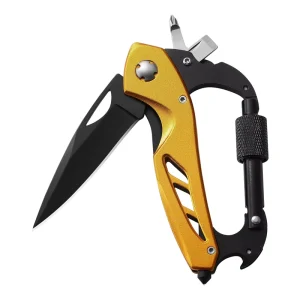 Portable Carabiner Clip Multitool with Pocket Knife Phillips Slotted Screwdriver and Glass Breaker for Outdoor Emergency Gear