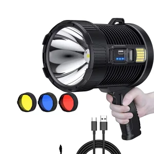 Powerful USB Rechargeable Solar LED Spotlight Flashlight 3 Colors Filter Handheld Aluminum Alloy Floodlight Searchlight Power