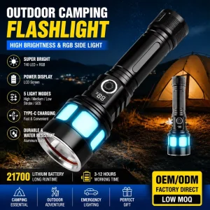 RGB Ambient 21700 LCD Screen Flashlight USB C Rechargeable High Power Torch with Battery Level Indicator Waterproof Work Light