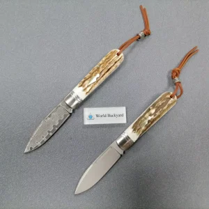 RT1R Genuine Antler Handle Pocket Knife Damascus San Mai Blade Optional Folding Knife Vintage Jungle Hunting Self Defense Knife