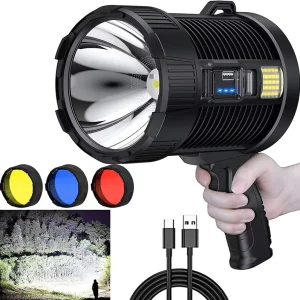 Rechargeable Spotlight High Lumens Searchlight with COB Light Solar Panels 6 Modes Lightweight Flashlight for Hunting Boating