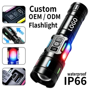 Red Blue Warning Powerful Super Bright Torch Light Linterna USB C Rechargeable ZOOM White Lazer COB LED Flashlight