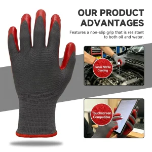 Red Textured Nitrile-Coated Recycled Grey Yarn Industrial Safety Gloves with Touchscreen Fingertips for Construction