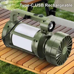 Solar Powered LED Searchlight 2400mAh Rechargeable Battery 4 Modes Electric Fan USB IP67 Waterproof 6Hr Outdoor Spotlight