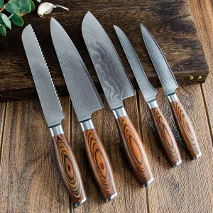 Stainless Steel Damascus Kitchen Chef Knife Set with Wood Handle Eco Friendly Durable for Meat Fruit Vegetable Cutting