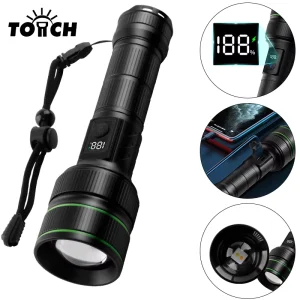 Super Bright 1000 Lumens Tactical LED Flashlight 1000M Long Range Zoomable Torch with Digital Display Power Bank for Camping