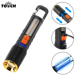Super Bright Flashlight 5Modes Zoomable With Tungsten Side Floodlight Lighting Waterproof Torch USB Rechargeable LED Flashlights