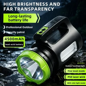 Super Bright IP54 Rated Portable LED Searchlight with Rechargeable Built in Lead acid Battery and Side Lights
