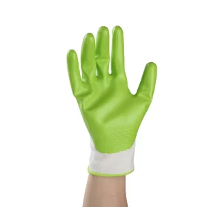 Superior Oil Resistant Green Dipped Nitrile Gloves White Liner Anti abrasion Comfort All Day Work Gloves