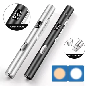 USB Rechargeable Medical Penlight with White and Yellow Light Stainless Steel Pen Torch with Pupil Scale Power Display