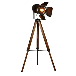 Vintage Loft Wooden Tripod Black Searchlight Head Standing Lamp Natural Wood Floor Lamp for Living Room