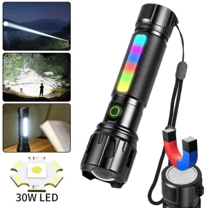 White Tactical Flashlight 30W White Laser RGB Aluminum Type C with Built in Battery Magnetic Camping Flashlights for Rescue Hike