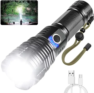 XHP70 LED Flashlight 5 Modes Zoomable IPX5 Waterproof USB Charging Torch Light 90000 Lumen for Outdoor Camping