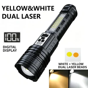 Yellow White Dual Light Flashlight with 5 Main Modes and 4 Side Light Modes From Ultra Bright Searchlight to Soft Camping Torch
